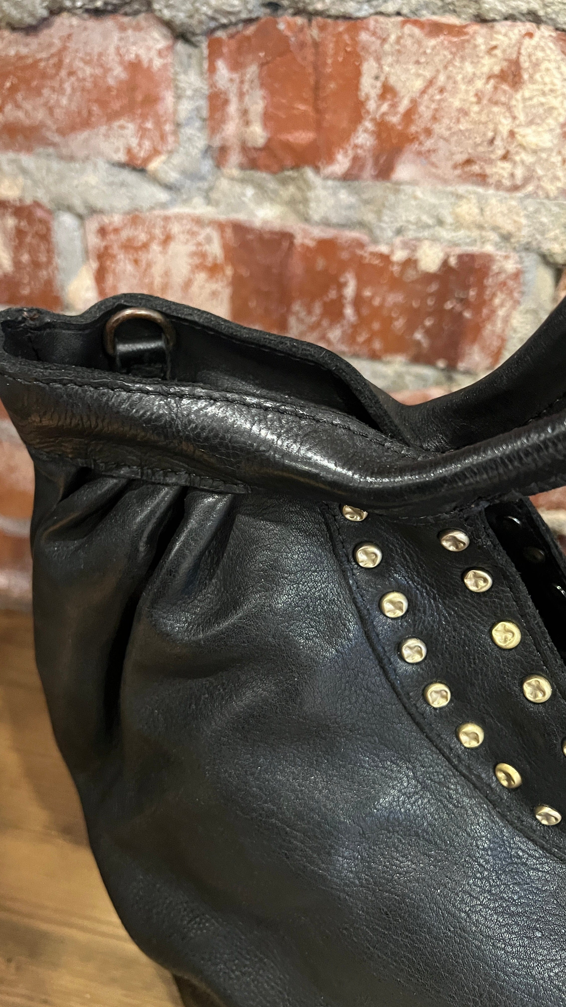 Black Leather Studded Hobo Style Handbag