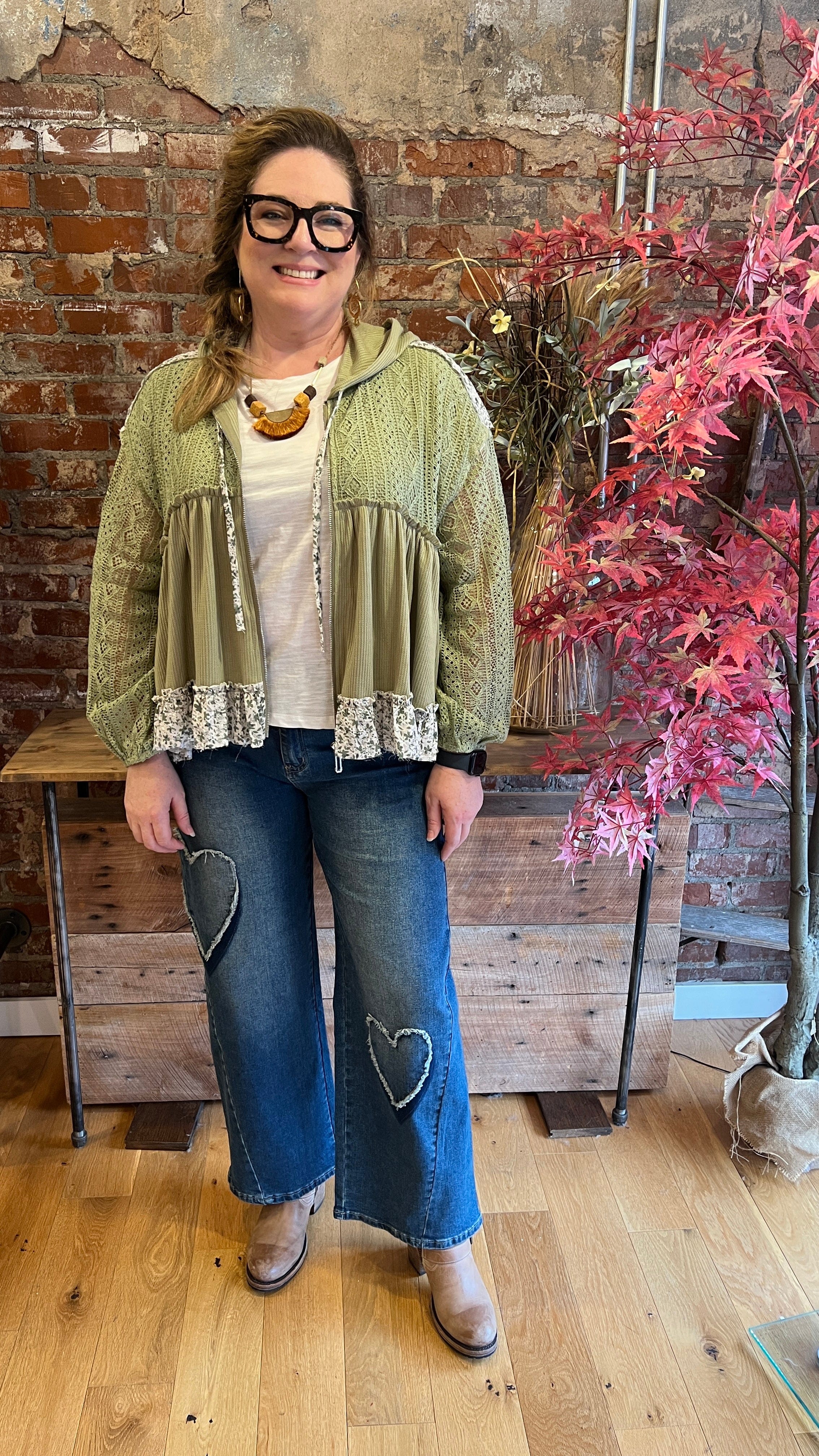 Dark Wash jeans with hearts and sage green hoodie 