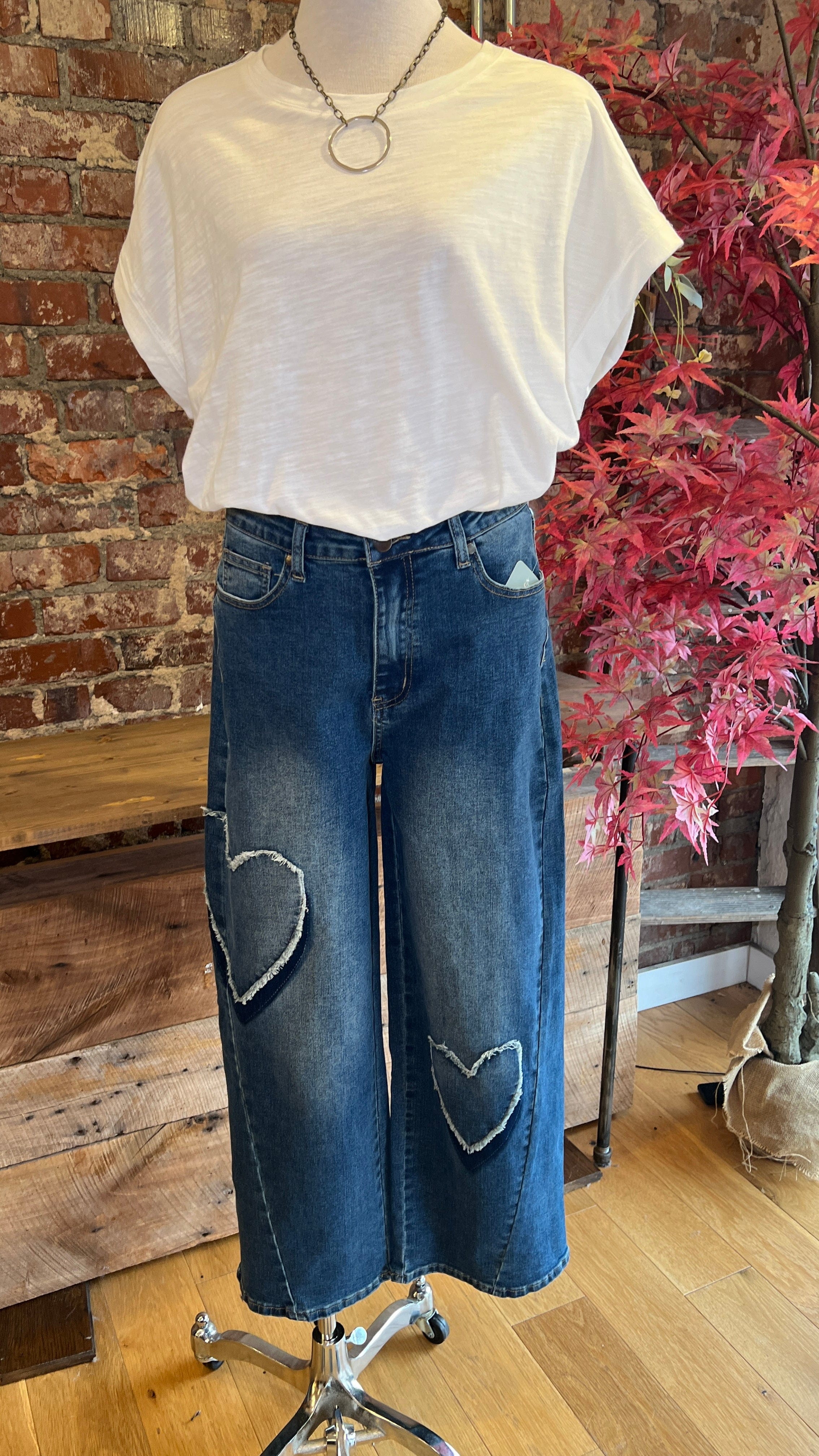 Dark Wash Barrel Jeans with Hearts 